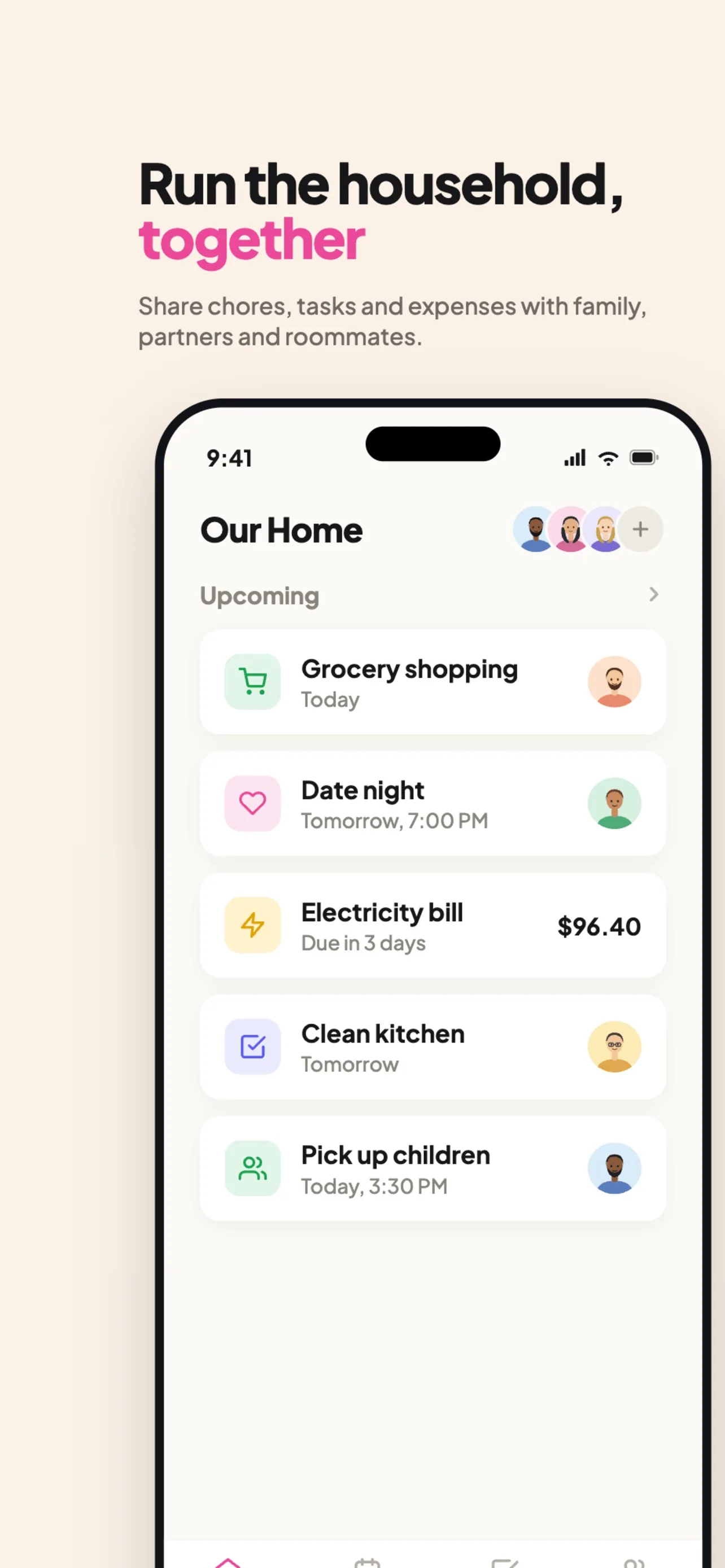 Yuki “Our Home” shared view for a couple — grocery run, date night, a bill due and chores in one place